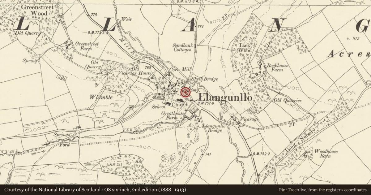 Ordnance Survey six-inch map, 2nd edition (1888–1913) covering the location of Outbuildings adjoining Post Office, Llangunllo, Powys, with a pin at the register's coordinates