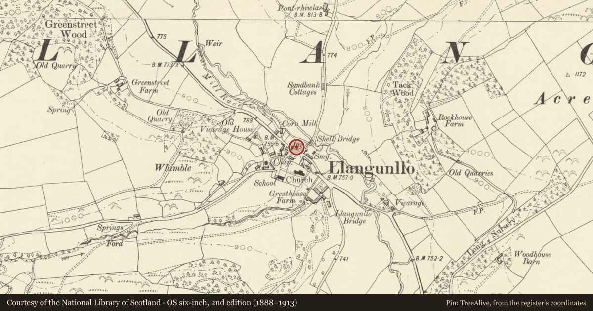 Ordnance Survey six-inch map, 2nd edition (1888–1913) covering the location of Telephone Call-box in Llangunllo Village, Powys, with a pin at the register's coordinates