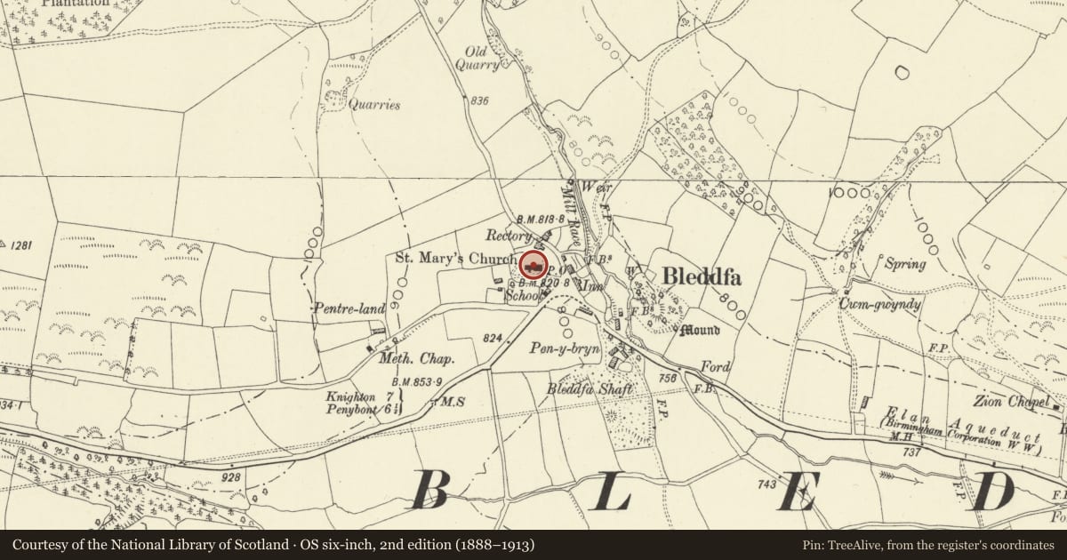 Ordnance Survey six-inch map, 2nd edition (1888–1913) covering the location of Church of St. Mary Magdalene, Llangunllo, Powys, with a pin at the register's coordinates