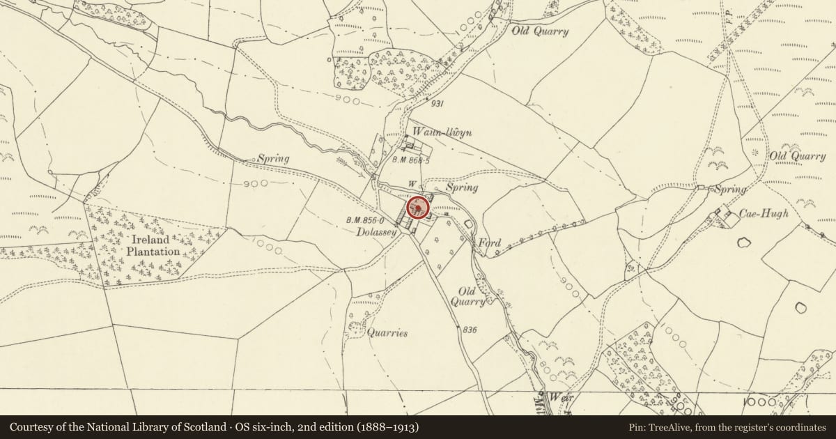 Ordnance Survey six-inch map, 2nd edition (1888–1913) covering the location of L-Plan range of outbuildings at Dolassey Farm, Llangunllo, Powys, with a pin at the register's coordinates