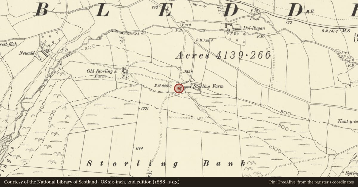 Ordnance Survey six-inch map, 2nd edition (1888–1913) covering the location of Middle Storling, Llangunllo, Powys, with a pin at the register's coordinates