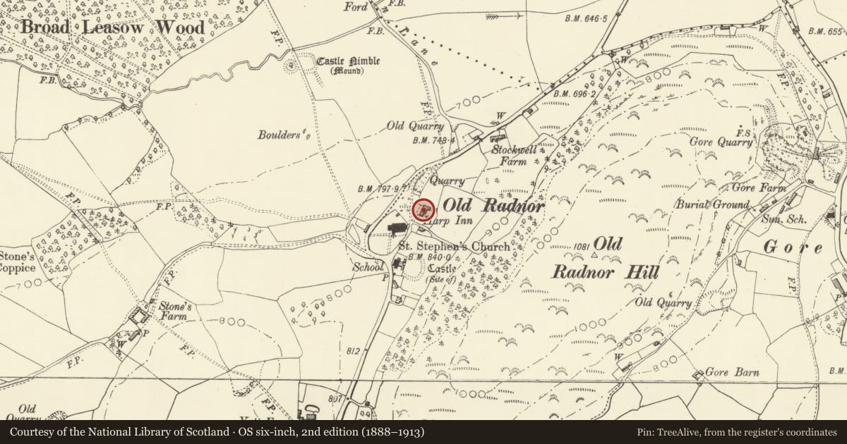 Ordnance Survey six-inch map, 2nd edition (1888–1913) covering the location of The Harp Inn, Old Radnor, Powys, with a pin at the register's coordinates