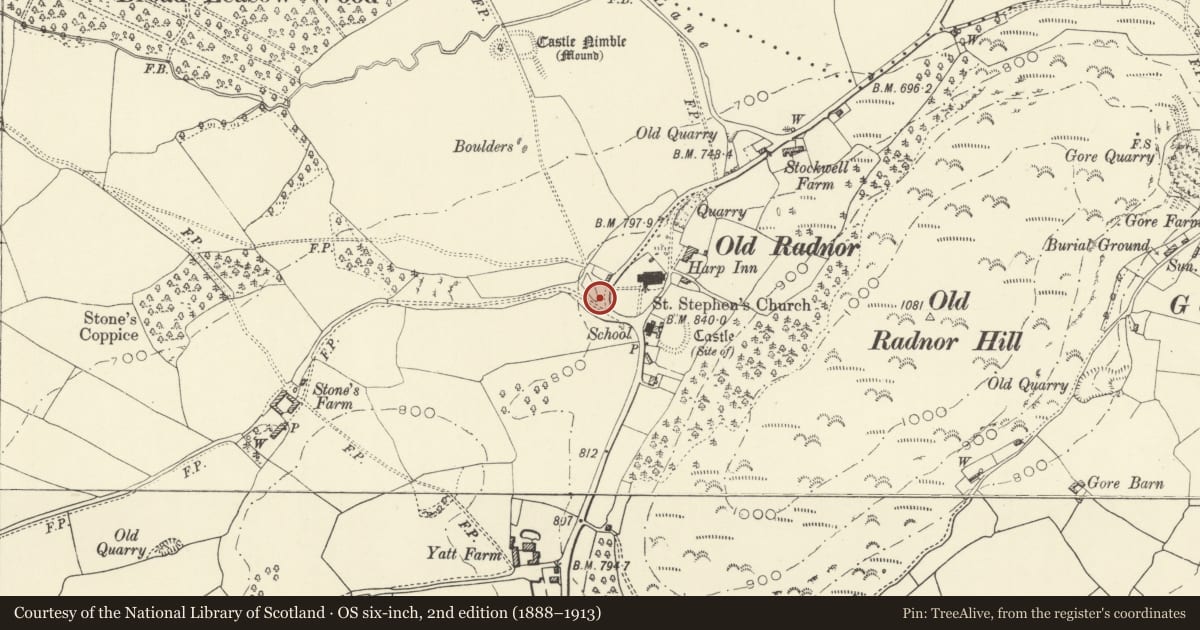 Ordnance Survey six-inch map, 2nd edition (1888–1913) covering the location of Telephone Call-box 75m SW of St Stephen's Church, Old Radnor, Powys, with a pin at the register's coordinates