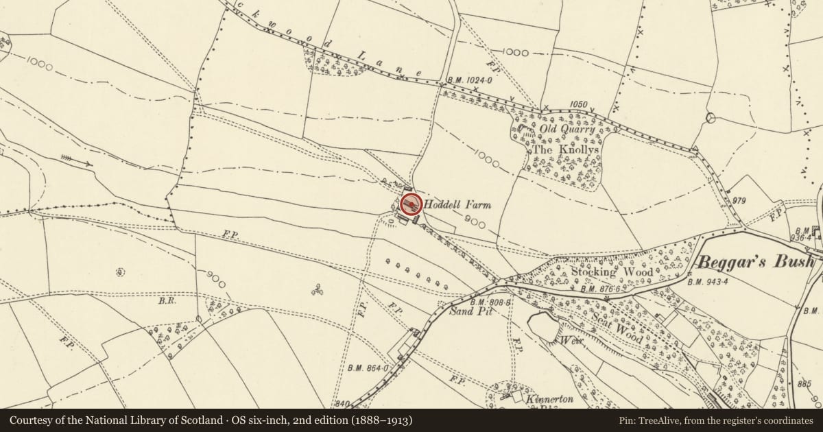 Ordnance Survey six-inch map, 2nd edition (1888–1913) covering the location of Hoddell Farmhouse, Old Radnor, Powys, with a pin at the register's coordinates