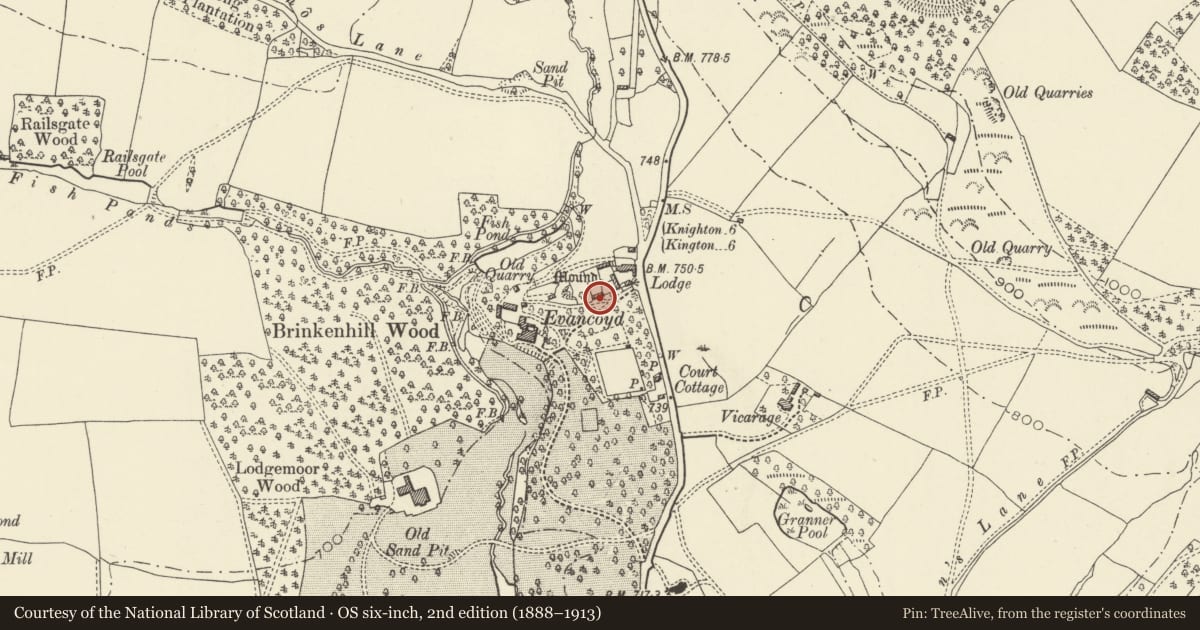 Ordnance Survey six-inch map, 2nd edition (1888–1913) covering the location of Gardener's Cottage about 100m NE of Evancoyd, Old Radnor, Powys, with a pin at the register's coordinates