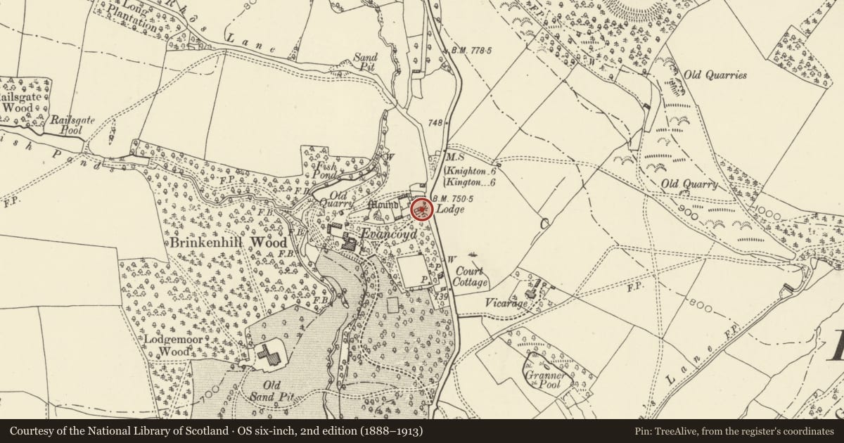 Ordnance Survey six-inch map, 2nd edition (1888–1913) covering the location of Lodge to Evancoyd, Old Radnor, Powys, with a pin at the register's coordinates