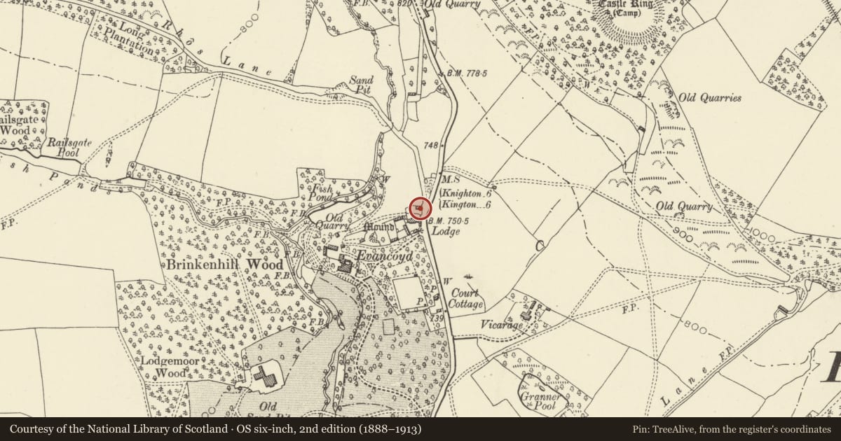 Ordnance Survey six-inch map, 2nd edition (1888–1913) covering the location of Hay Barn about 30m North of Evancoyd Lodge, Old Radnor, Powys, with a pin at the register's coordinates