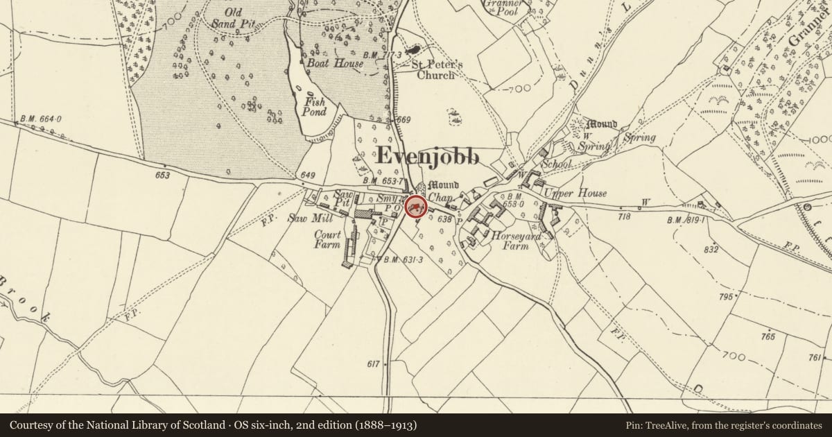 Ordnance Survey six-inch map, 2nd edition (1888–1913) covering the location of Courtyard Cottages, Old Radnor, Powys, with a pin at the register's coordinates