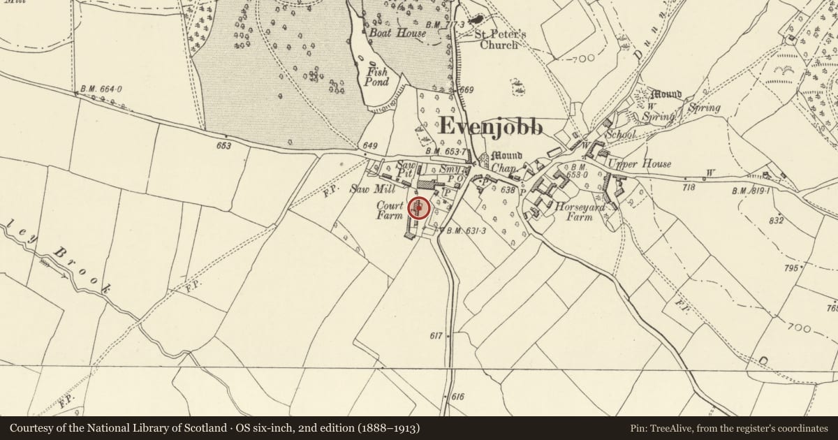 Ordnance Survey six-inch map, 2nd edition (1888–1913) covering the location of Court Farmhouse, Old Radnor, Powys, with a pin at the register's coordinates