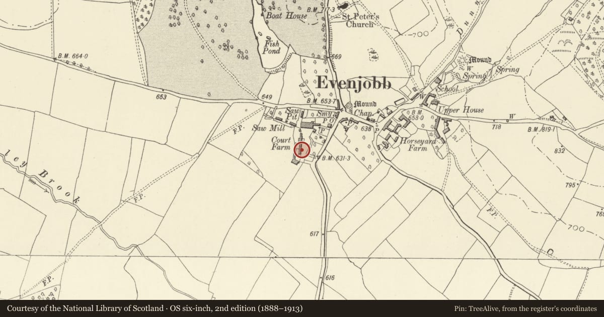 Ordnance Survey six-inch map, 2nd edition (1888–1913) covering the location of Outbuilding Range attached to Court Farmhouse, Old Radnor, Powys, with a pin at the register's coordinates