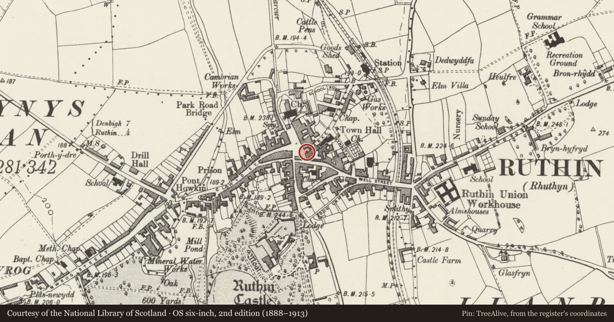 Ordnance Survey six-inch map, 2nd edition (1888–1913) covering the location of Building on corner with Market Street (Cavendish Iken), Ruthin, Denbighshire, with a pin at the register's coordinates
