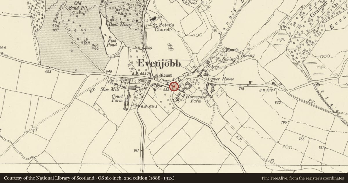 Ordnance Survey six-inch map, 2nd edition (1888–1913) covering the location of Telephone Call-box at T-junction in centre of village, Old Radnor, Powys, with a pin at the register's coordinates