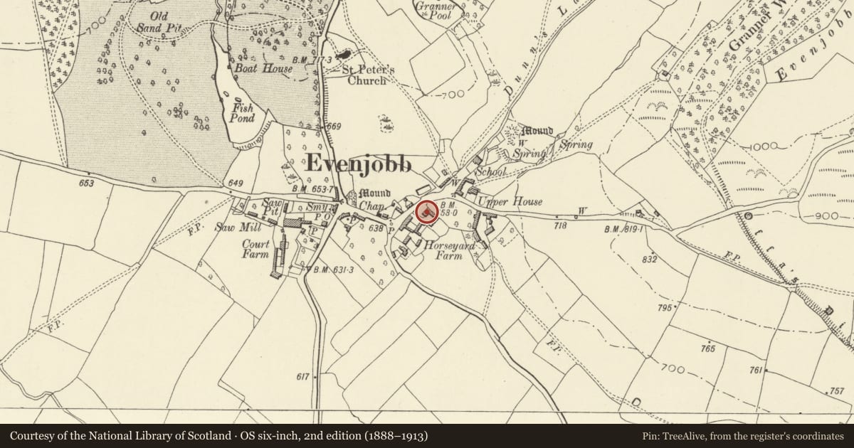 Ordnance Survey six-inch map, 2nd edition (1888–1913) covering the location of Horseyard Farmhouse, Old Radnor, Powys, with a pin at the register's coordinates