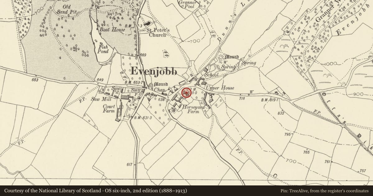 Ordnance Survey six-inch map, 2nd edition (1888–1913) covering the location of Attached rear outbuilding Range at Horseyard Farm, Old Radnor, Powys, with a pin at the register's coordinates