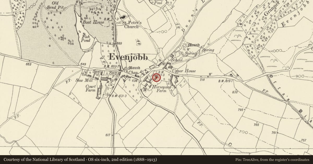 Ordnance Survey six-inch map, 2nd edition (1888–1913) covering the location of Barn to rear of Horseyard Farmhouse, Old Radnor, Powys, with a pin at the register's coordinates