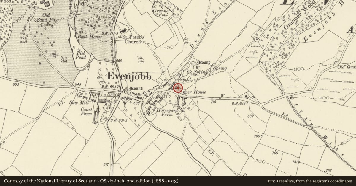 Ordnance Survey six-inch map, 2nd edition (1888–1913) covering the location of Upper House, Old Radnor, Powys, with a pin at the register's coordinates