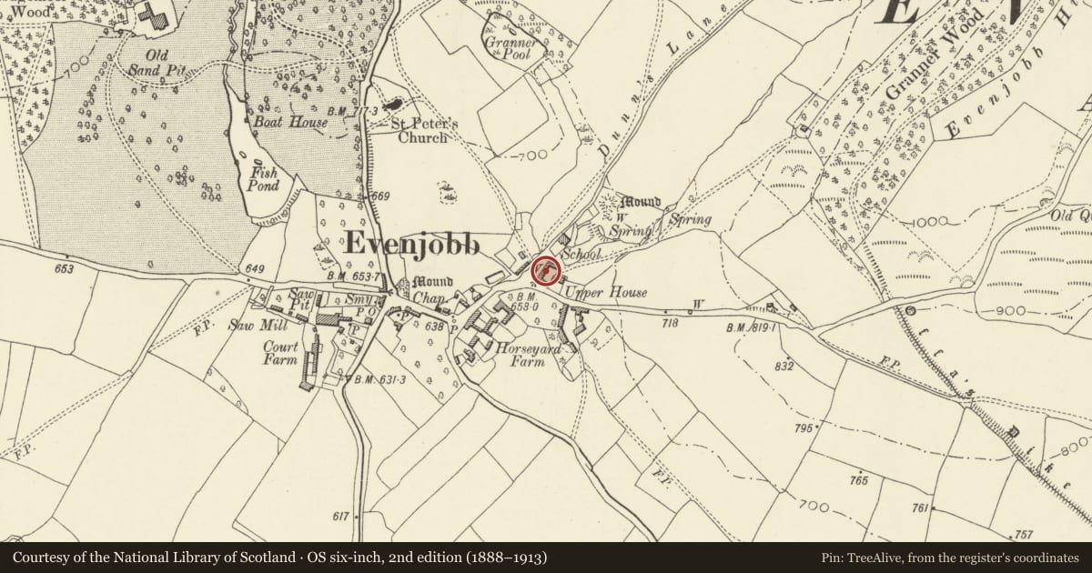 Ordnance Survey six-inch map, 2nd edition (1888–1913) covering the location of Barn Range to NW of Upper House, Old Radnor, Powys, with a pin at the register's coordinates