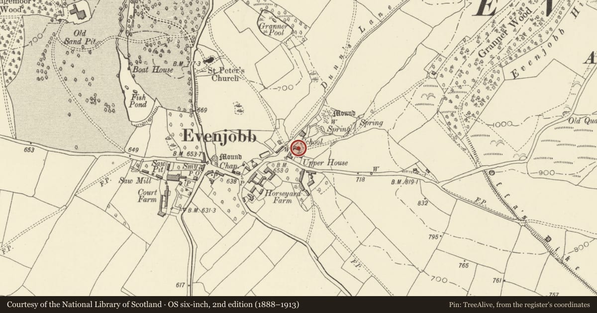 Ordnance Survey six-inch map, 2nd edition (1888–1913) covering the location of Cowshed/Stable Range to NW of Upper House, Old Radnor, Powys, with a pin at the register's coordinates