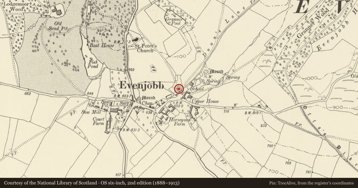 Ordnance Survey six-inch map, 2nd edition (1888–1913) covering the location of Brook House, Old Radnor, Powys, with a pin at the register's coordinates