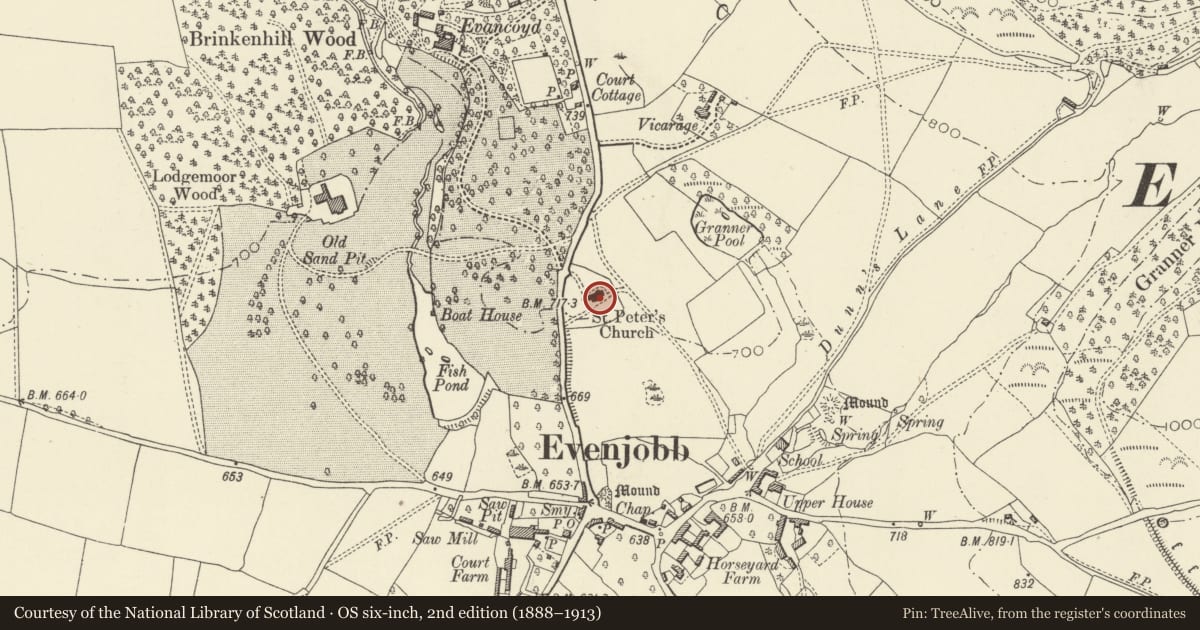 Ordnance Survey six-inch map, 2nd edition (1888–1913) covering the location of Church of St. Peter, Old Radnor, Powys, with a pin at the register's coordinates