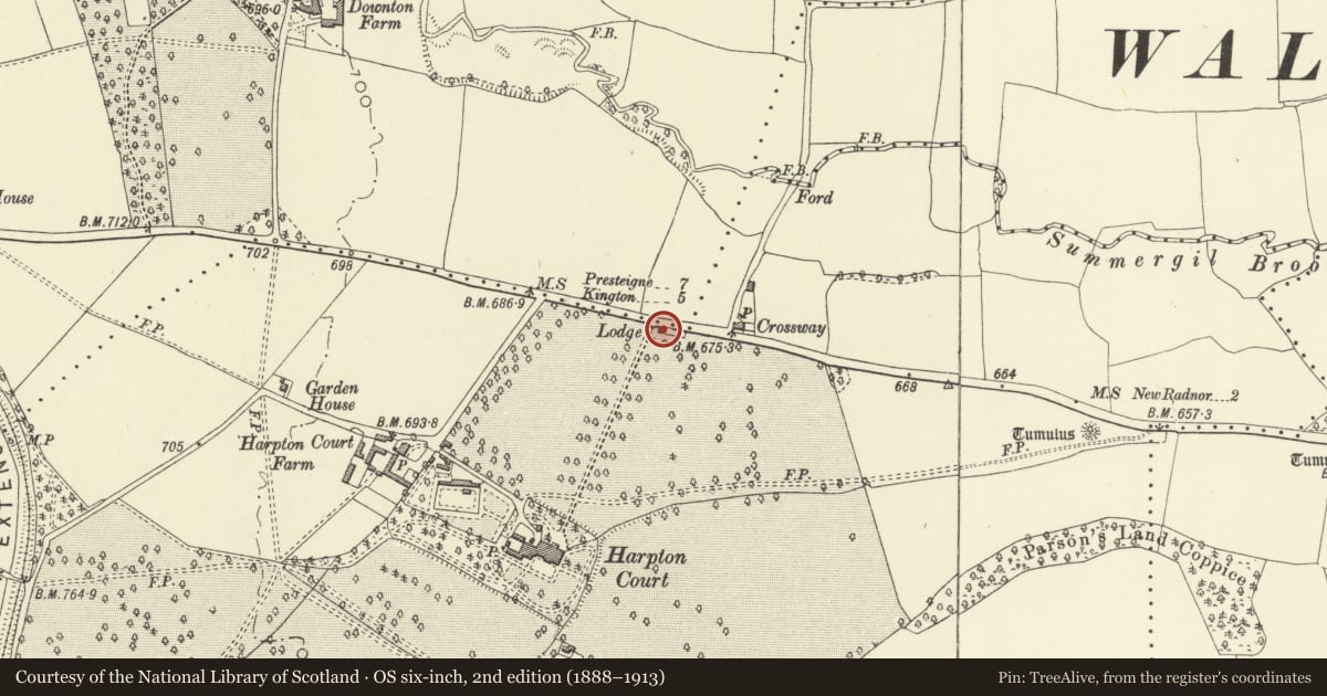 Ordnance Survey six-inch map, 2nd edition (1888–1913) covering the location of Lodge at former North driveway to Harpton Court, Old Radnor, Powys, with a pin at the register's coordinates