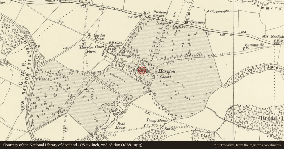 Ordnance Survey six-inch map, 2nd edition (1888–1913) covering the location of Harpton Court, Old Radnor, Powys, with a pin at the register's coordinates
