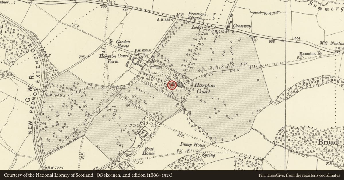 Ordnance Survey six-inch map, 2nd edition (1888–1913) covering the location of Former Stable Block to Stable-Yard at Harpton Court, Old Radnor, Powys, with a pin at the register's coordinates