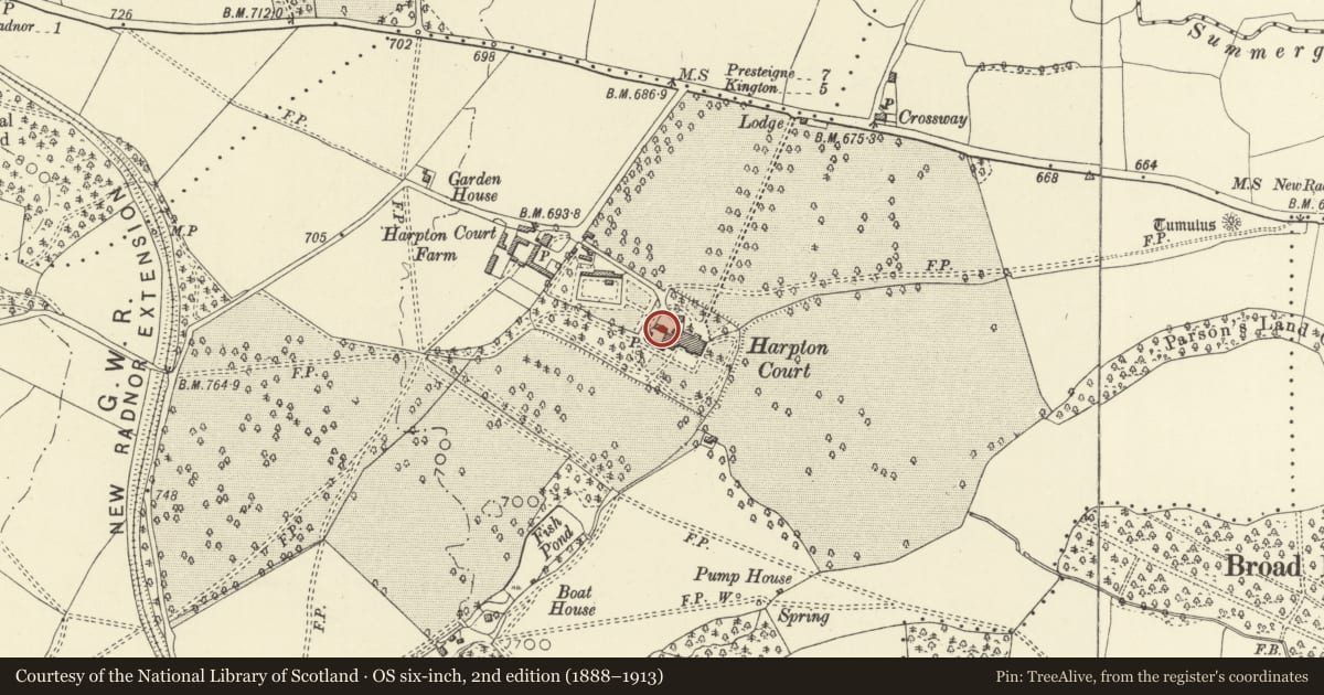 Ordnance Survey six-inch map, 2nd edition (1888–1913) covering the location of Former Granary to stable-yard at Harpton Court, Old Radnor, Powys, with a pin at the register's coordinates