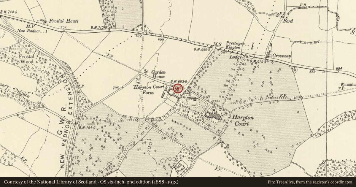 Ordnance Survey six-inch map, 2nd edition (1888–1913) covering the location of Harpton Farmhouse, Old Radnor, Powys, with a pin at the register's coordinates