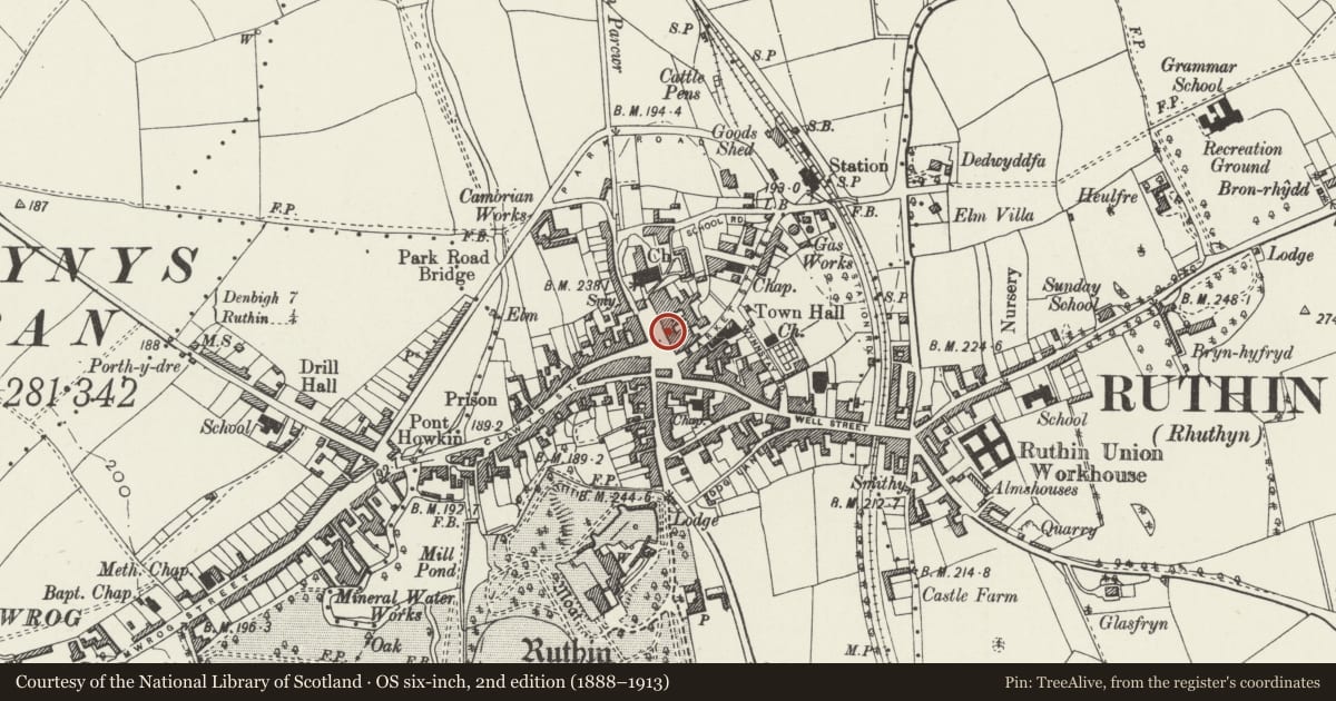 Ordnance Survey six-inch map, 2nd edition (1888–1913) covering the location of Seven Eyes, Ruthin, Denbighshire, with a pin at the register's coordinates