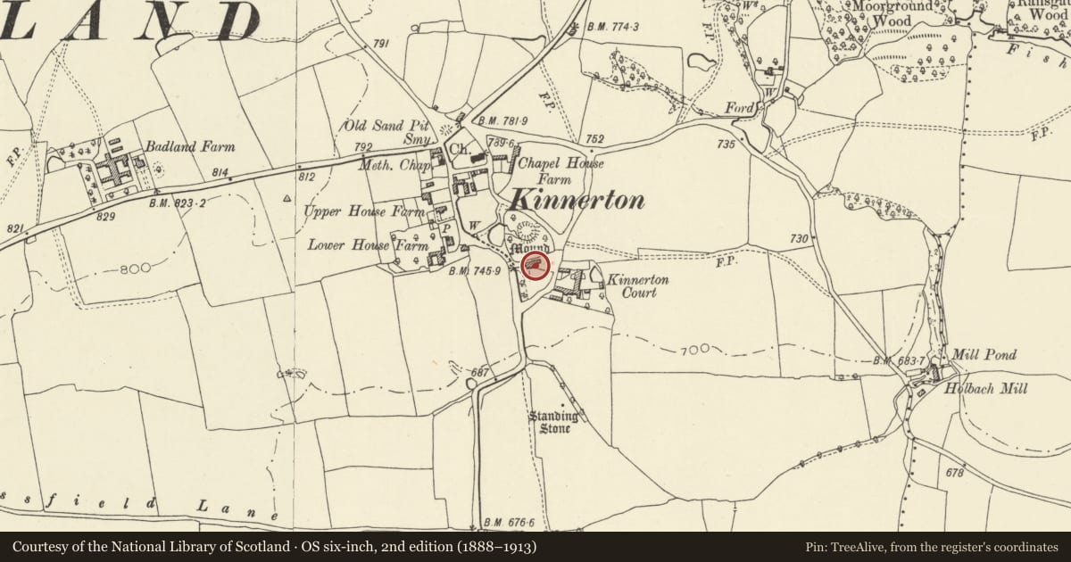 Ordnance Survey six-inch map, 2nd edition (1888–1913) covering the location of Kinnerton Court, Old Radnor, Powys, with a pin at the register's coordinates