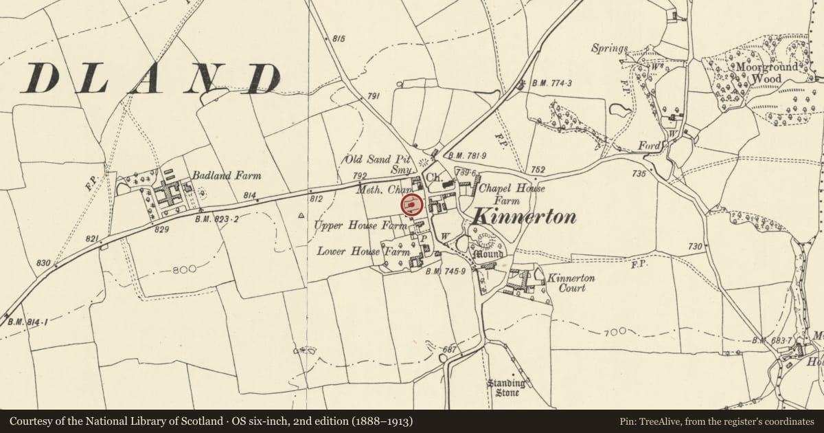 Ordnance Survey six-inch map, 2nd edition (1888–1913) covering the location of Former Stable Building Sited 15 yards north of Upper House, Old Radnor, Powys, with a pin at the register's coordinates