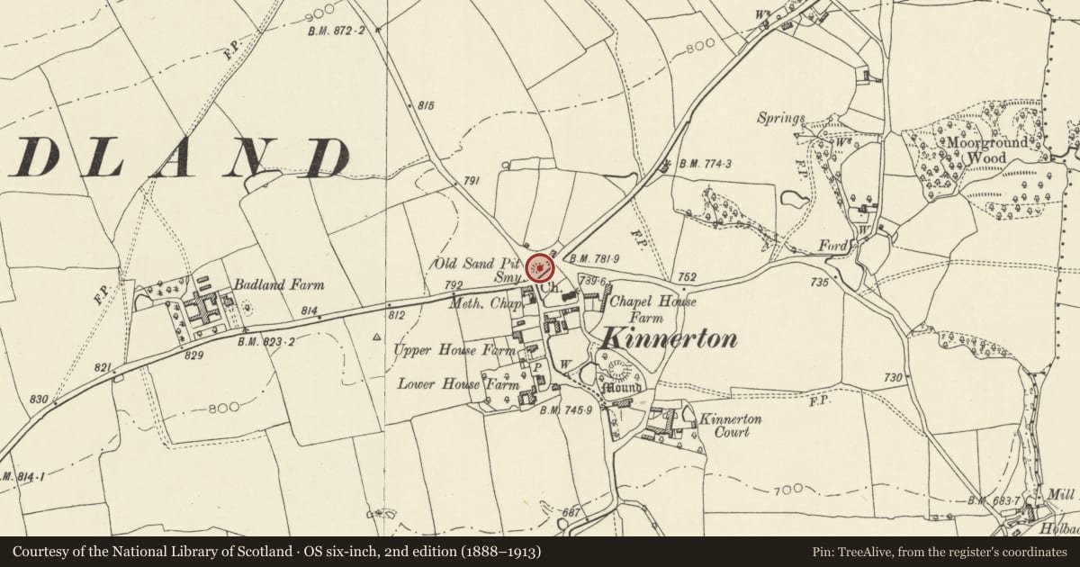 Ordnance Survey six-inch map, 2nd edition (1888–1913) covering the location of Telephone Call-box at crossroads opposite churchyard, Old Radnor, Powys, with a pin at the register's coordinates