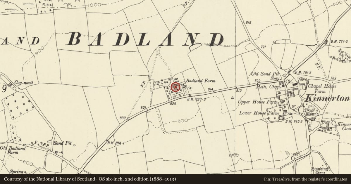 Ordnance Survey six-inch map, 2nd edition (1888–1913) covering the location of Agricultural Ranges of outbuildings at Badland Farm, Old Radnor, Powys, with a pin at the register's coordinates
