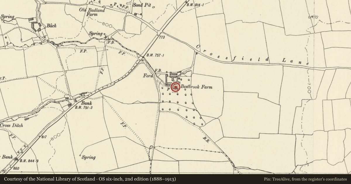 Ordnance Survey six-inch map, 2nd edition (1888–1913) covering the location of Bestbrooke Farmhouse, Old Radnor, Powys, with a pin at the register's coordinates