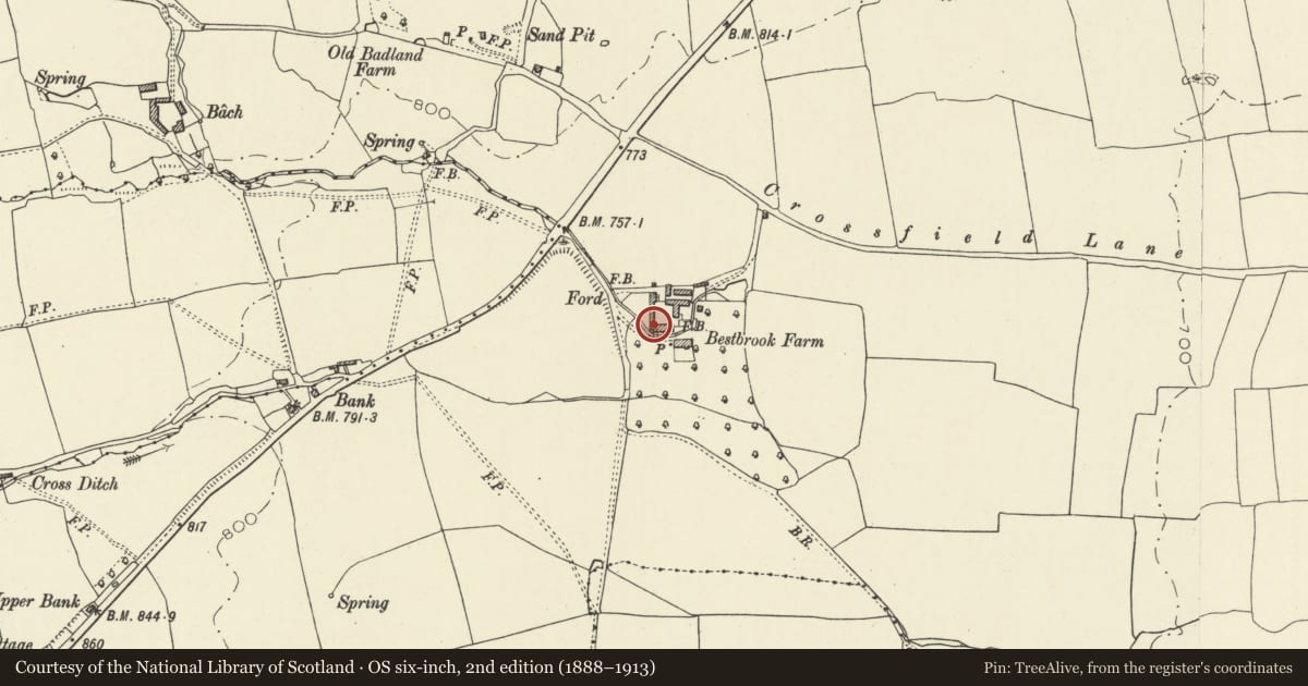 Ordnance Survey six-inch map, 2nd edition (1888–1913) covering the location of L-Plan Outbuildings to NW of Bestbrooker Farmhouse, Old Radnor, Powys, with a pin at the register's coordinates