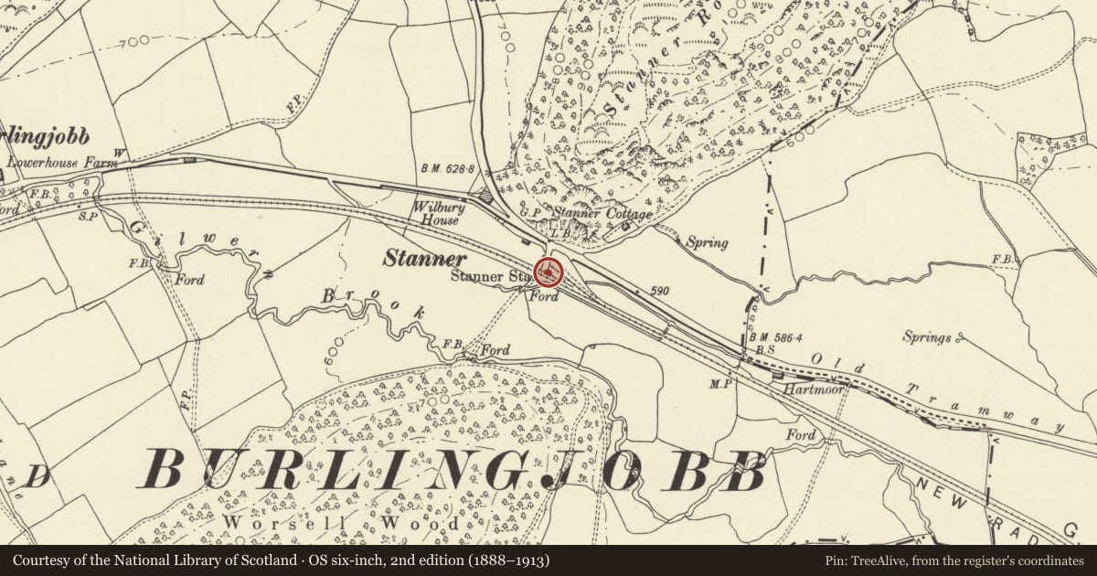 Ordnance Survey six-inch map, 2nd edition (1888–1913) covering the location of Former Station Building close to junction with A44 (Powys County Store), Old Radnor, Powys, with a pin at the register's coordinates