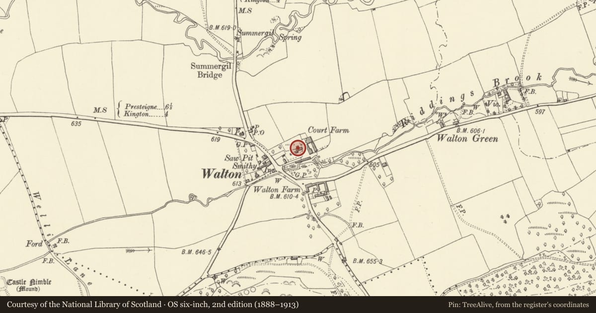 Ordnance Survey six-inch map, 2nd edition (1888–1913) covering the location of Walton Court, Old Radnor, Powys, with a pin at the register's coordinates