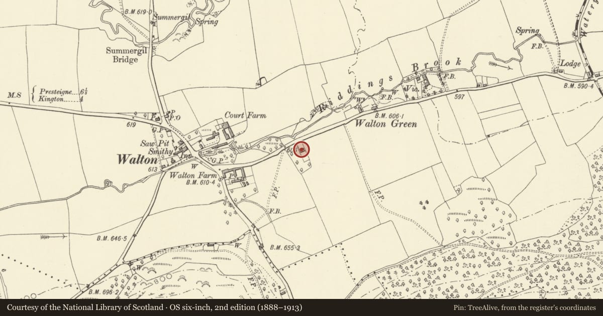 Ordnance Survey six-inch map, 2nd edition (1888–1913) covering the location of Lower House, Old Radnor, Powys, with a pin at the register's coordinates