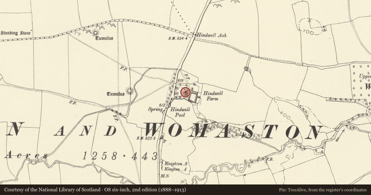 Ordnance Survey six-inch map, 2nd edition (1888–1913) covering the location of Hindwell Farmhouse, Old Radnor, Powys, with a pin at the register's coordinates