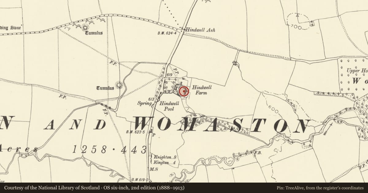 Ordnance Survey six-inch map, 2nd edition (1888–1913) covering the location of Barn in Farmyard at Hindwell Farm, Old Radnor, Powys, with a pin at the register's coordinates