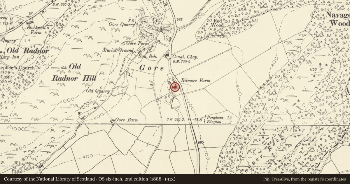 Ordnance Survey six-inch map, 2nd edition (1888–1913) covering the location of Bilmore Farmhouse, Old Radnor, Powys, with a pin at the register's coordinates
