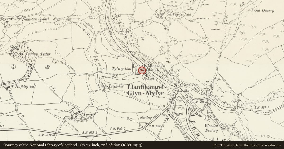 Ordnance Survey six-inch map, 2nd edition (1888–1913) covering the location of Church of St Michael, Llanfihangel Glyn Myfyr, Conwy, with a pin at the register's coordinates