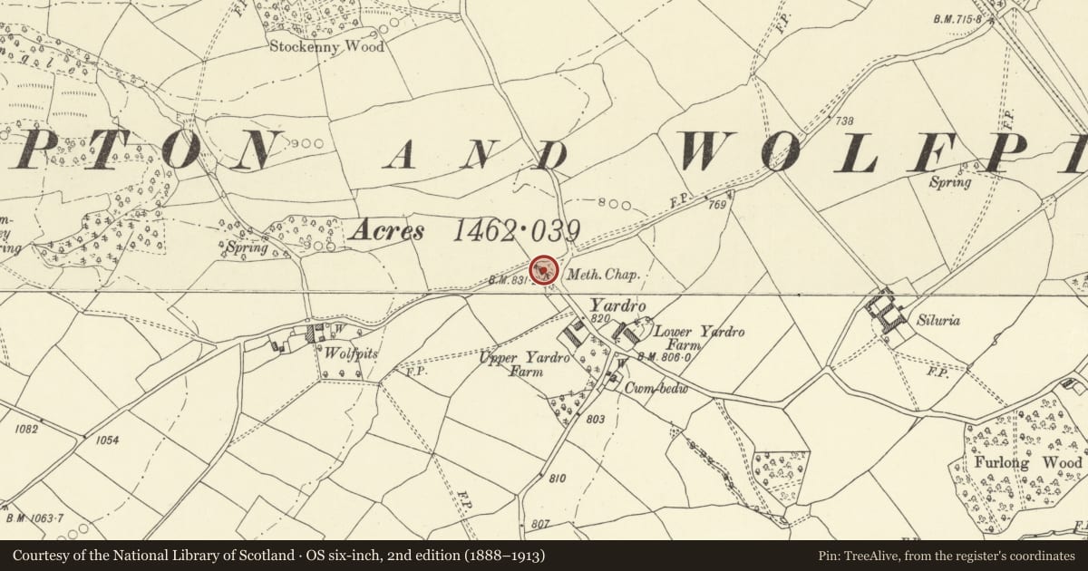Ordnance Survey six-inch map, 2nd edition (1888–1913) covering the location of Yardro Chapel (Calvinistic Methodist), Old Radnor, Powys, with a pin at the register's coordinates