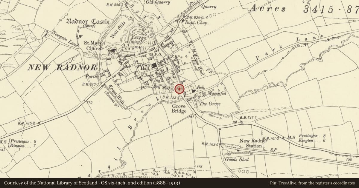 Ordnance Survey six-inch map, 2nd edition (1888–1913) covering the location of Monument to Sir George Cornewall Lewis, New Radnor, Powys, with a pin at the register's coordinates