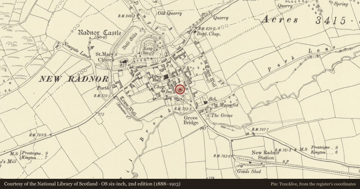 Ordnance Survey six-inch map, 2nd edition (1888–1913) covering the location of The Laurels, New Radnor, Powys, with a pin at the register's coordinates