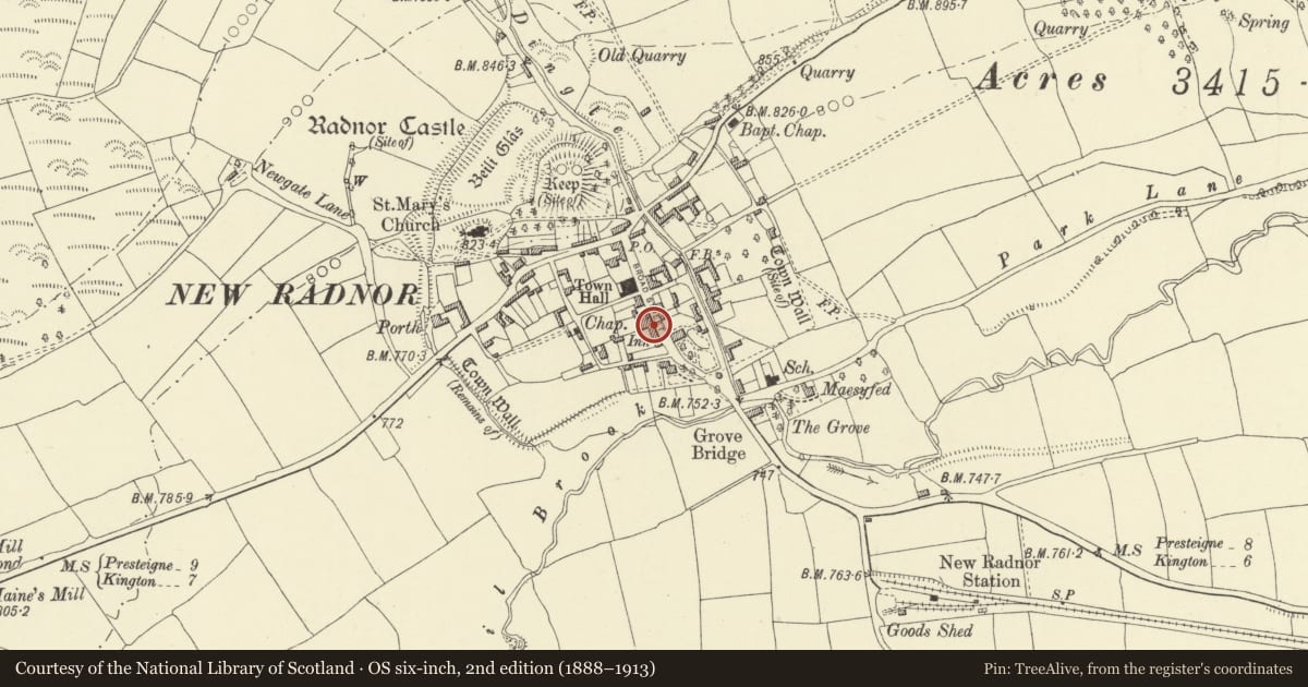 Ordnance Survey six-inch map, 2nd edition (1888–1913) covering the location of 6 Broad Street, New Radnor, Powys, with a pin at the register's coordinates