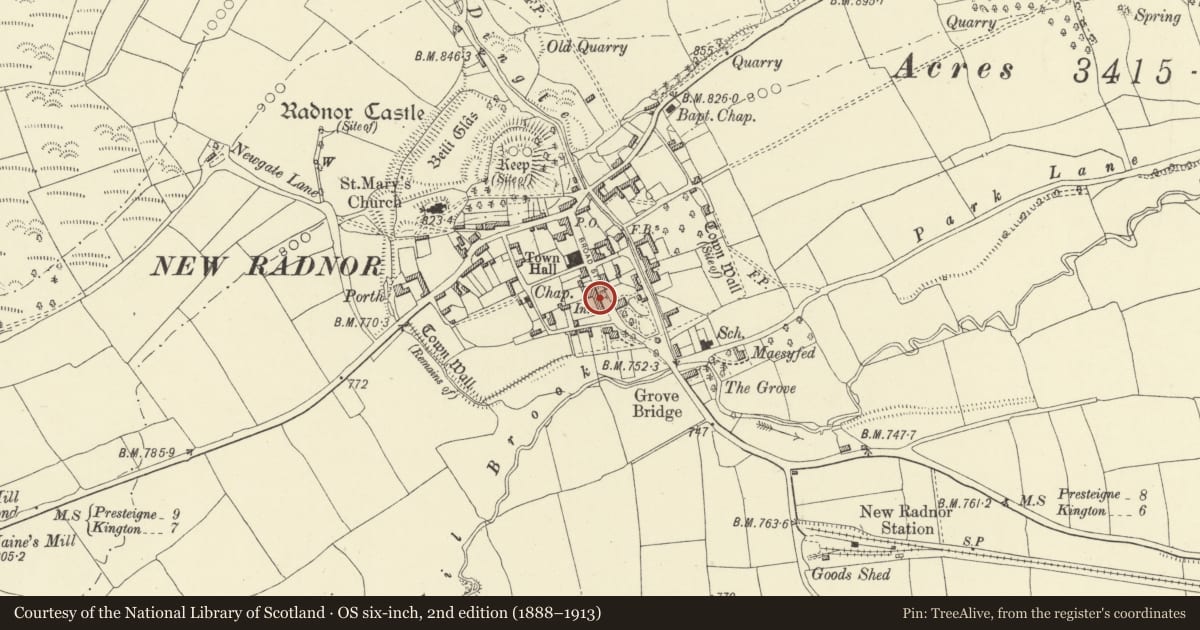 Ordnance Survey six-inch map, 2nd edition (1888–1913) covering the location of The Nook, New Radnor, Powys, with a pin at the register's coordinates
