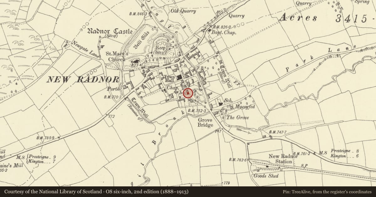 Ordnance Survey six-inch map, 2nd edition (1888–1913) covering the location of Yew Tree Cottage, New Radnor, Powys, with a pin at the register's coordinates