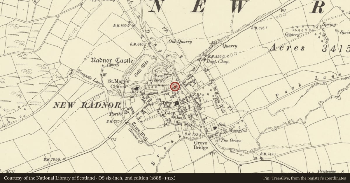 Ordnance Survey six-inch map, 2nd edition (1888–1913) covering the location of The Forge, New Radnor, Powys, with a pin at the register's coordinates